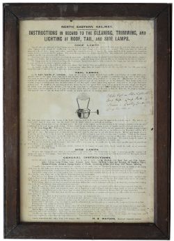 North Eastern railway framed and glazed notice for the Trimming and Lighting of Lamps dated 1904.