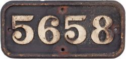 GWR cast iron cabside numberplate 5658 ex Collett 0-6-2T built at Swindon in 1926. Allocated to