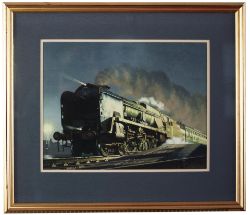 Original painting SR BULLIED PACIFIC 4-6-2 34062 17 SQUADRON hauling a train at night by George