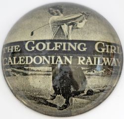 Caledonian Railway advertising domed glass paperweight THE GOLFING GIRL CALEDONIAN RAILWAY A BRAW