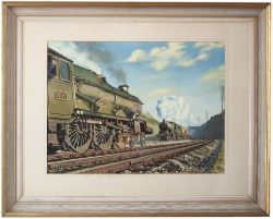 Original painting GWR CASTLE 4-6-0 G. J. CHURCHWARD 7017 by George Heiron. Gouache on board with
