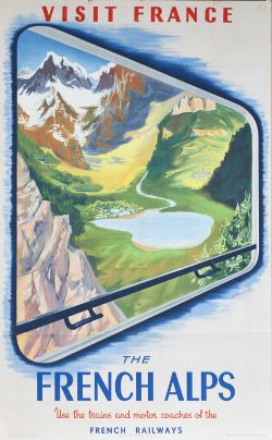 Poster SNCF THE FRENCH ALPS by Saindre issued in 1952. Double Royal 25in x 40in. In very good