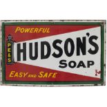 Advertising enamel sign HUDSON'S SOAP POWERFUL EASY AND SAFE. In very good condition measures 26in x