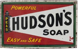 Advertising enamel sign HUDSON'S SOAP POWERFUL EASY AND SAFE. In very good condition measures 26in x