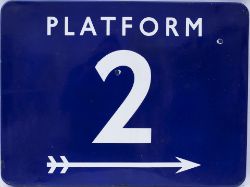 BR(E) FF enamel station sign PLATFORM 2 with right facing arrow. In good condition with a few