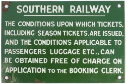 Southern Railway enamel sign re THE CONDITIONS UPON WHICH TICKETS ARE ISSUED etc. Measures 9in x 6in
