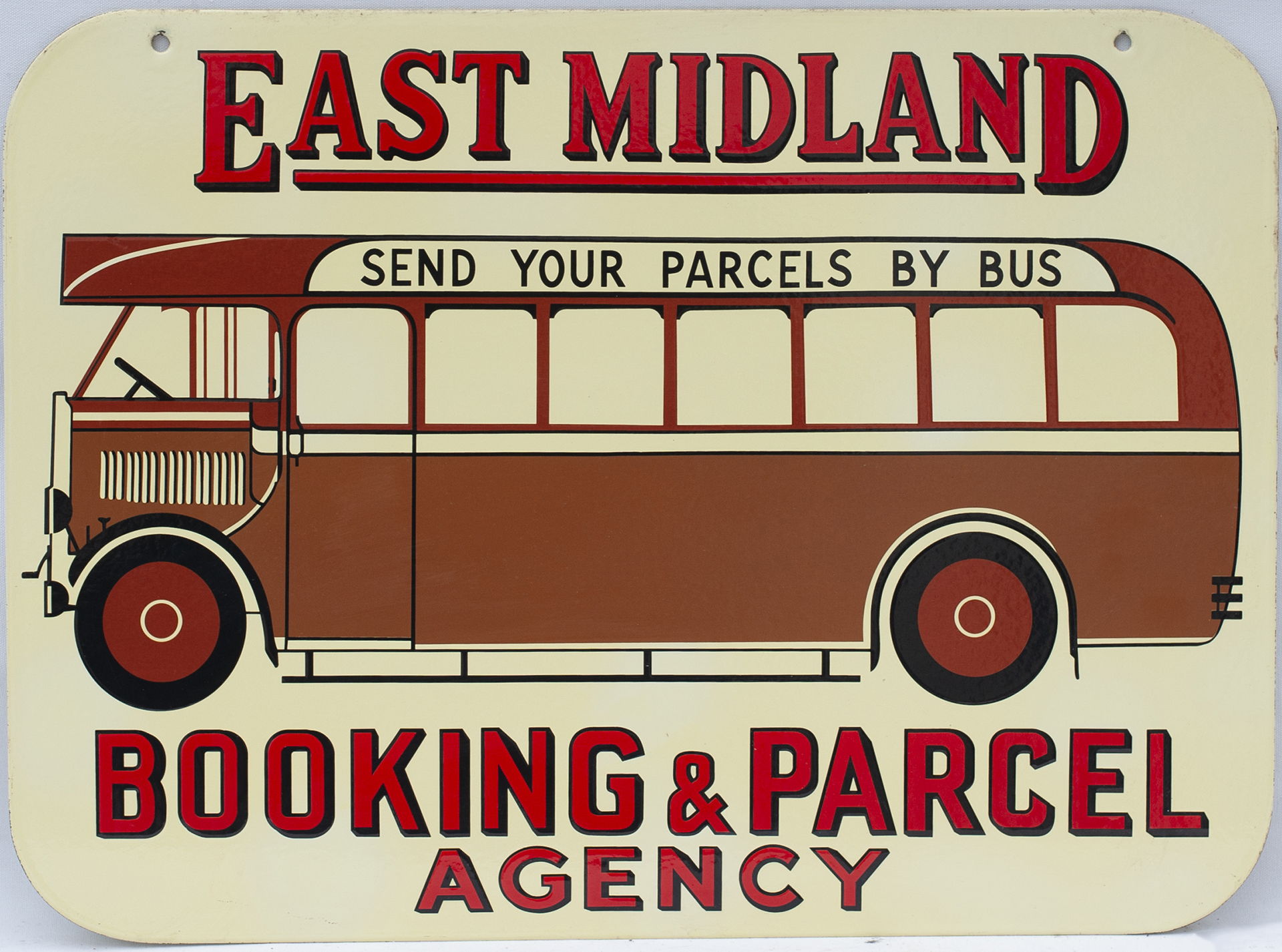 Bus motoring enamel sign EAST MIDLAND BOOKING & PARCEL AGENCY SEND YOUR PARCELS BY BUS. Double - Image 2 of 2