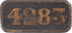 GWR brass cabside numberplate 4283 ex Churchward 2-8-0 T built at Swindon in 1920. Allocated to