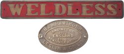 Nameplate WELDLESS together with its worksplate R&W HAWTHORN LESLIE & CO LTD ENGINEERS NEWCASTLE
