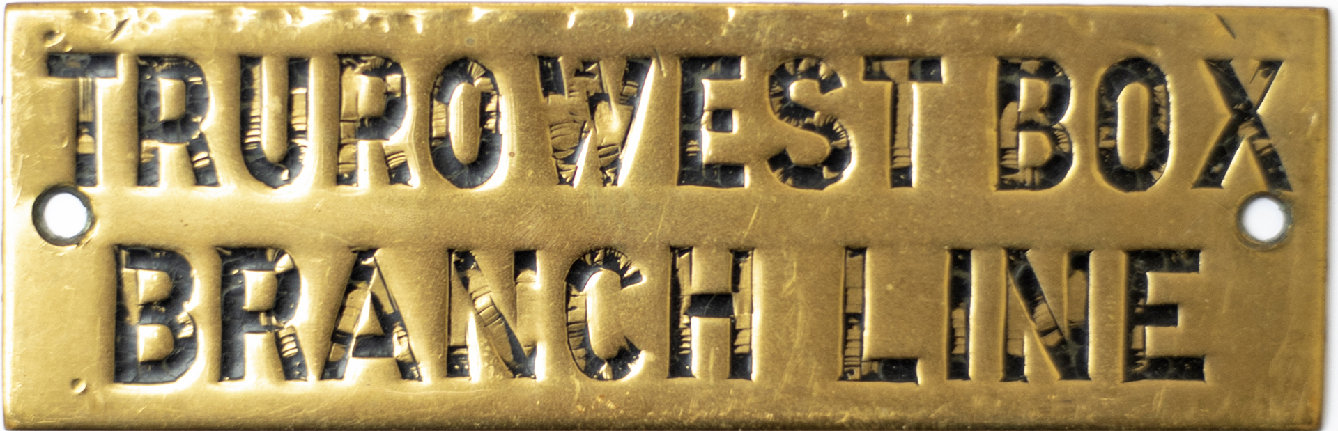 GWR hand engraved brass shelf plate TRURO WEST BOX BRANCH LINE. In very good condition with original