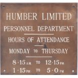 Bronze office plaque HUMBER LIMITED PERSONNEL DEPARTMENT measuring 9in x 8.25in. In excellent