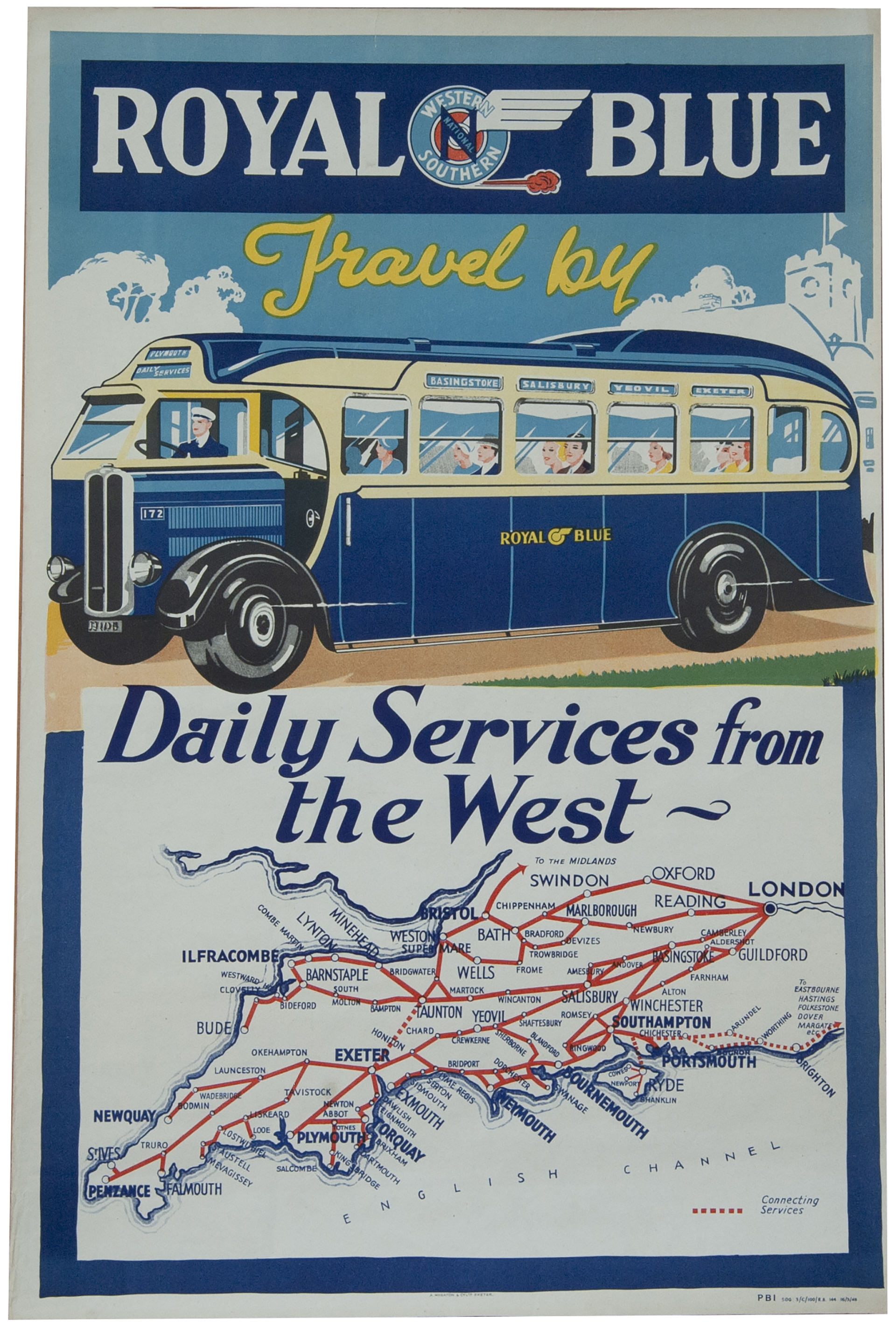 Poster ROYAL BLUE TRAVEL BY DAILY SERVICES FROM THE WEST issued in 1948. In excellent condition