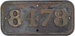 BR(W) brass cabside numberplate 8478 ex Hawksworth 0-6-0 PT built by Yorkshire Engine Company in