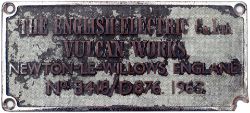 Diesel worksplate THE ENGLISH ELECTRIC CO LTD VULCAN WORKS NEWTON-LE-WILLOWS ENGLAND No 3418/ D876