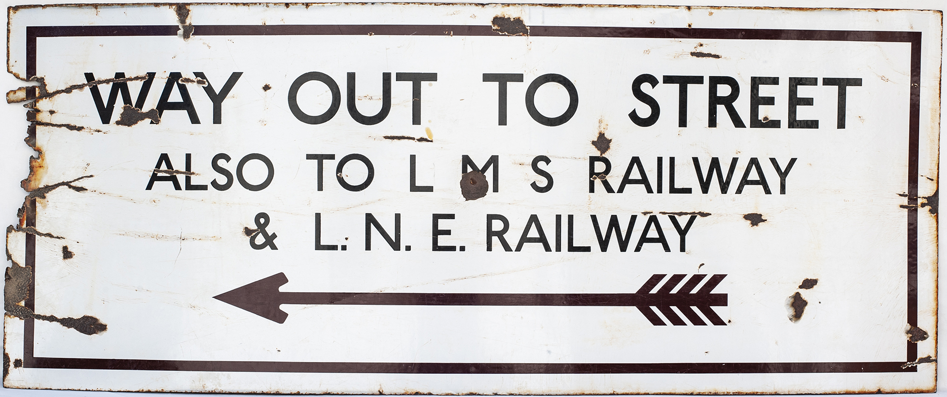 London Underground enamel sign WAY OUT TO STREET ALSO TO LMS RAILWAY & L.N.E. RAILWAY with left