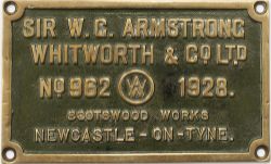 Worksplate SIR W.G.ARMSTRONG WHITWORTH & CO LTD No 962 1928 ex GWR Collett 0-6-2 T numbered 6674.