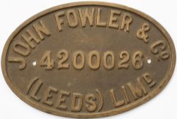 Worksplate JOHN FOWLER & CO (LEEDS) LIMD 4200026 ex 0-4-0 150HP Diesel built in August 1948 and