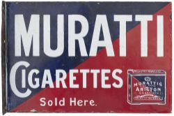 Advertising enamel sign MURATTI CIGARETTES SOLD HERE. Double sided with wall mounting flange. Both