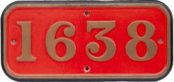 BR-W brass cabside numberplate 1638 ex Hawksworth 0-6-0 PT built at Swindon in 1951. Allocated to