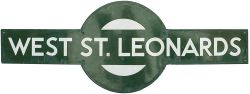 Southern Railway enamel target station sign WEST ST LEONARDS from the former South Eastern and
