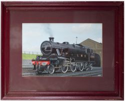 Original painting by Vic Welch of a LMS 2-6-4T 2501 on shed. Gouache on board with mount, painting