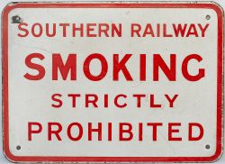 Southern Railway enamel railway sign SMOKING STRICTLY PROHIBITED. In excellent condition with a