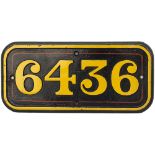GWR cast iron cabside numberplate 6436 ex Collett 0-6-0PT built at Swindon in 1937. Allocated to