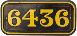 GWR cast iron cabside numberplate 6436 ex Collett 0-6-0PT built at Swindon in 1937. Allocated to