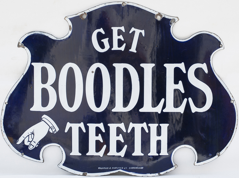 Advertising enamel sign GET BOODLES TEETH. In very good condition measures 33in x 24in.