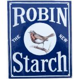 Advertising enamel sign ROBIN THE NEW STARCH. In good condition with restoration to the blue