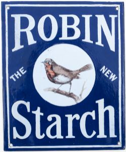 Advertising enamel sign ROBIN THE NEW STARCH. In good condition with restoration to the blue