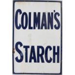 Advertising enamel sign COLMAN'S STARCH. In good condition with some chipping, measures 36in x