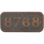 GWR cast iron cabside numberplate 8768 ex Collett 0-6-0PT built at Swindon in 1933. Allocated to 81A