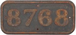 GWR cast iron cabside numberplate 8768 ex Collett 0-6-0PT built at Swindon in 1933. Allocated to 81A