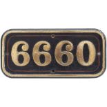 GWR brass cabside numberplate 6660 ex Collett 0-6-2 T built at Swindon in 1928. Allocated to