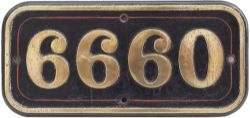 GWR brass cabside numberplate 6660 ex Collett 0-6-2 T built at Swindon in 1928. Allocated to