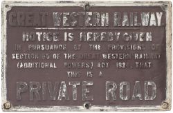 GWR cast iron sign GREAT WESTERN RAILWAY NOTICE IS HEREBY GIVEN THIS IS A PRIVATE ROAD. Measures