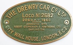 Worksplate THE DREWRY CAR CO LTD CITY WALL HOUSE LONDON EC2 ASSOCIATED WITH ROBERT STEPHENSON &