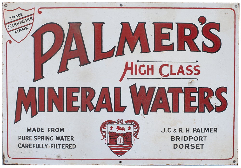 Advertising enamel sign PALMER'S HIGH CLASS MINERAL WATERS J.C&R.H.PALMER BRIDPORT DORSET. In very