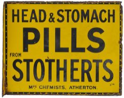 Advertising enamel sign HEAD & STOMACH PILLS FROM STOTHERTS MFG CHEMISTS ATHERTON. Double sided with