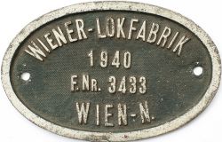 Worksplate WIENER-LOKFABRIK WIEN 1940 F.N.R. 3433 ex DB Class 50 2-10-10 numbered 50-713. Oval