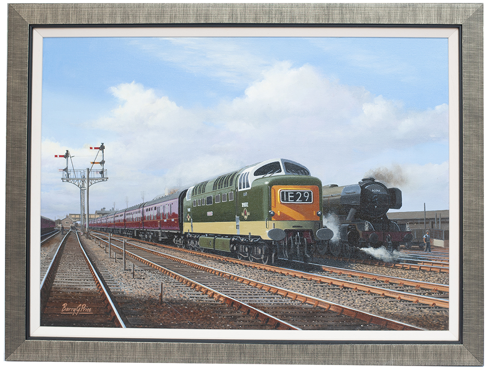 Original painting by Barry Price of DELTIC D9012 CREPELLO PASSING GRANTHAM with an up hill Express