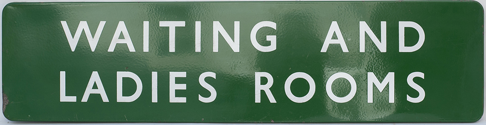 BR(S) enamel railway sign WAITING AND LADIES ROOMS. In very good condition with minor edge chipping,