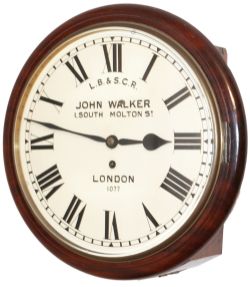 LB&SCR 12 inch Mahogany cased fusee dial clock with a cast brass bezel, supplied to the London