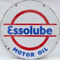 Advertising enamel sign ESSOLUBE MOTOR OIL. Double sided, in excellent condition, measures 26in