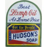 Advertising enamel sign BEST LAMP OIL AT LOWEST PRICE FOR THE PEOPLE HUDSON'S SOAP. In very good