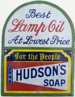 Advertising enamel sign BEST LAMP OIL AT LOWEST PRICE FOR THE PEOPLE HUDSON'S SOAP. In very good