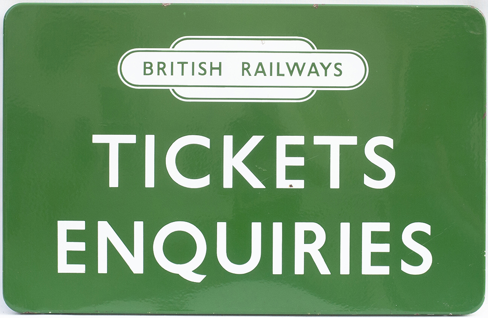BR(S) FF enamel station sign TICKETS ENQUIRIES with British Railways totem. In excellent condition