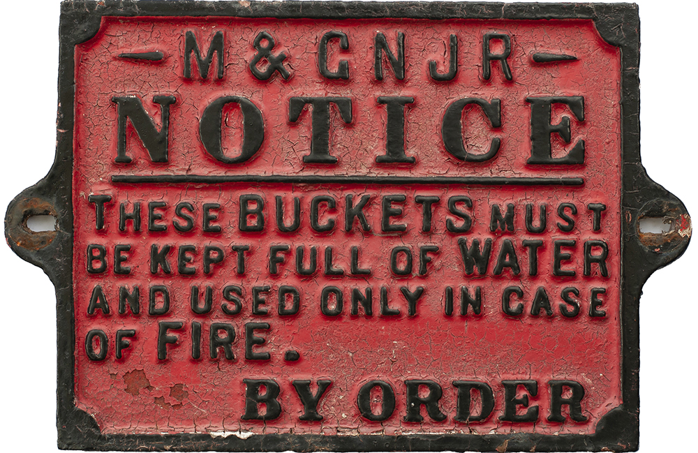 M&GN cast iron FIRE BUCKETS notice In good original condition measures 13in x 8.5in.
