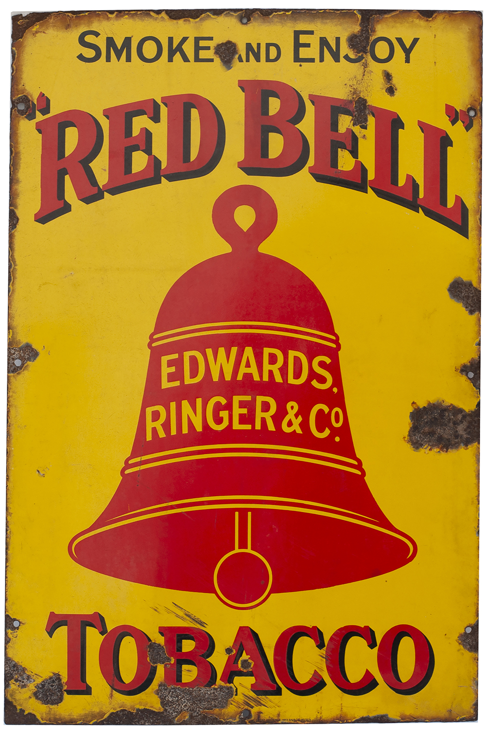 Advertising enamel sign SMOKE AND ENJOY RED BELL TOBACCO EDWARDS RINGER & CO. In good condition with